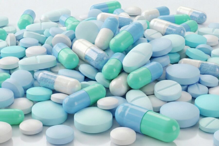 Pillole e capsule di diversi colori sparse, rappresentazione di farmaci orfani o mancanti allestibili in laboratorio galenico