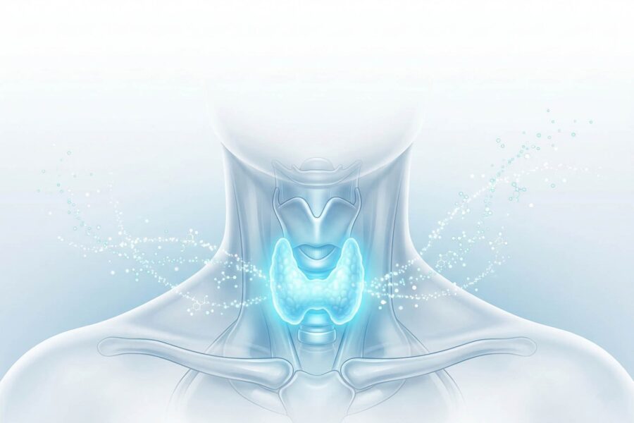 Illustrazione della ghiandola tiroide e degli ormoni tiroidei T3, T4 e TSH