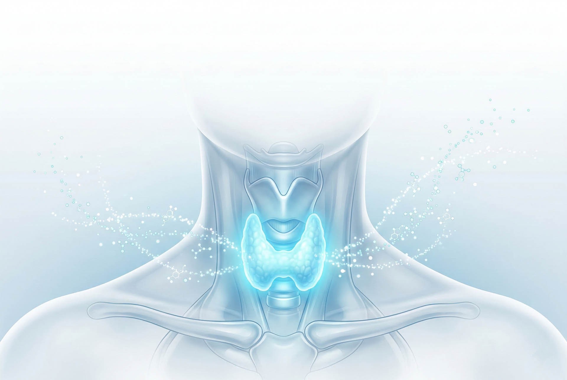 Illustrazione della ghiandola tiroide e degli ormoni tiroidei T3, T4 e TSH
